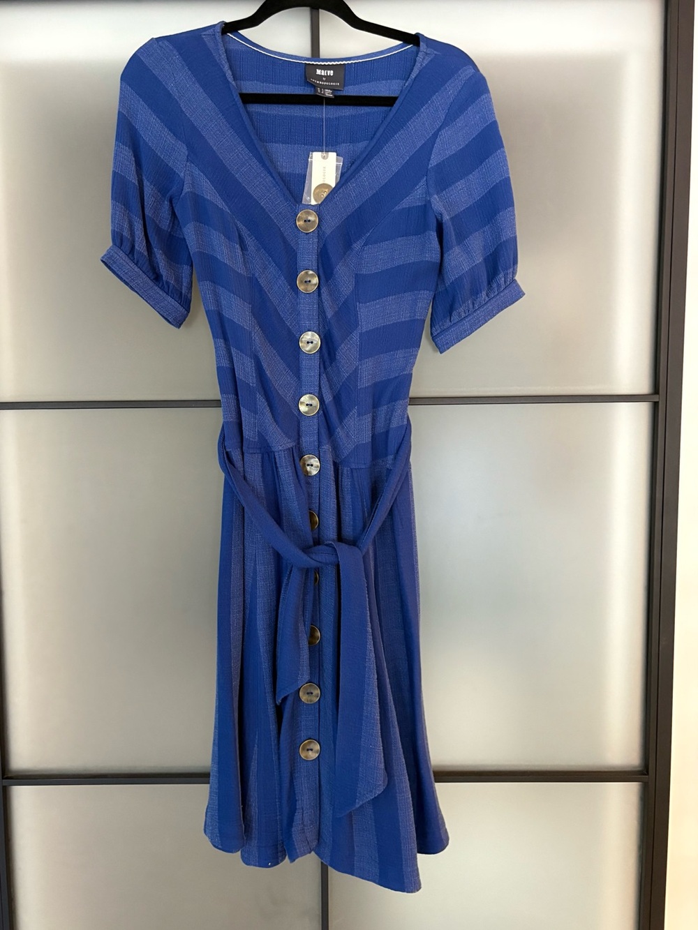 Anthropologie Blue Striped Button-Front Tie-Waist Midi Dress